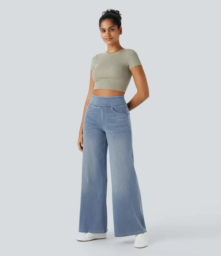 Casual lichtblauwe wide leg jeans dames, hoge taille, met rekbare elastische tailleband.