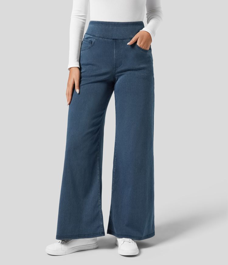 Veelzijdige lichtblauwe wide leg jeans voor dames, hoge taille, comfortabel dankzij elastiek.