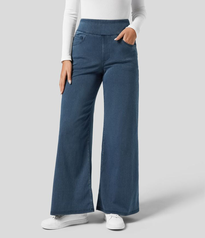 Veelzijdige lichtblauwe wide leg jeans voor dames, hoge taille, comfortabel dankzij elastiek.