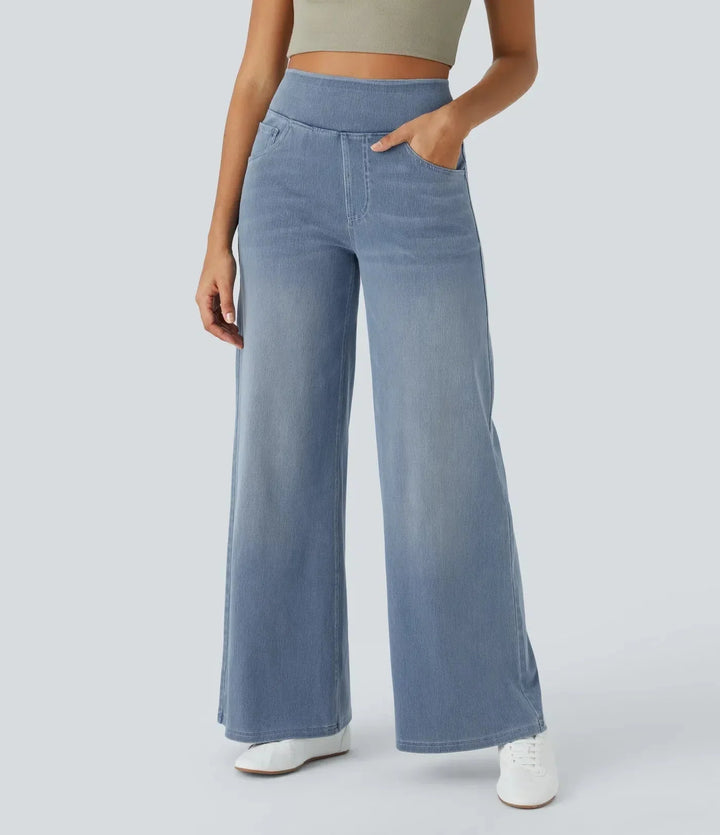 Lichtblauwe wide leg dames spijkerbroek, hoge taille en elastische band, perfect voor elke dag.