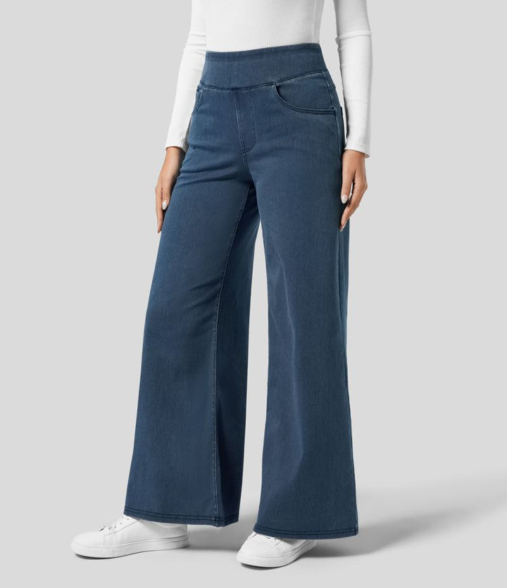 Comfortabele dames spijkerbroek: lichtblauwe wide leg jeans met hoge elastische tailleband.