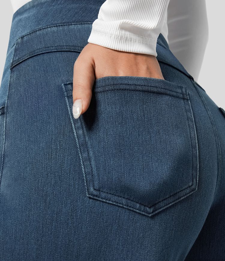 Pull-on lichtblauwe wide leg jeans voor dames, hoge taille, met zachte elastische band.