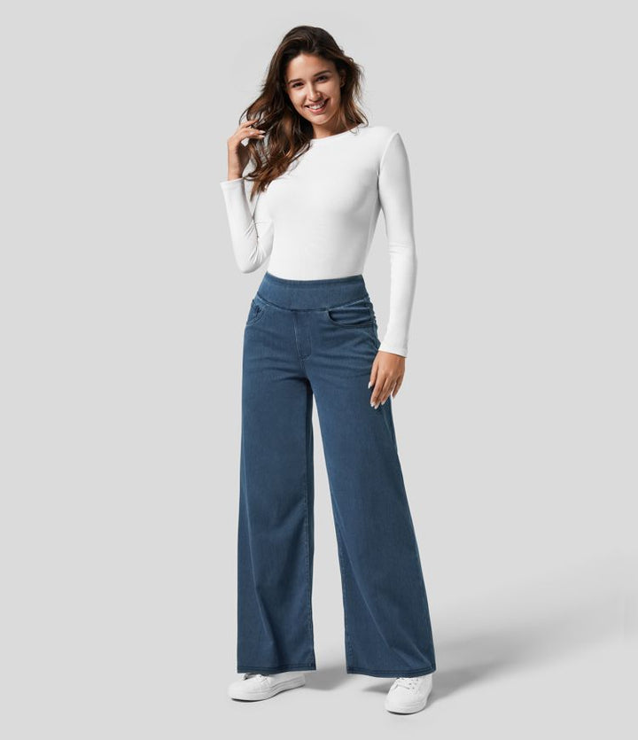 Stijlvolle lichtblauwe dames wide leg jeans, hoge taille en comfortabele stretchstof.