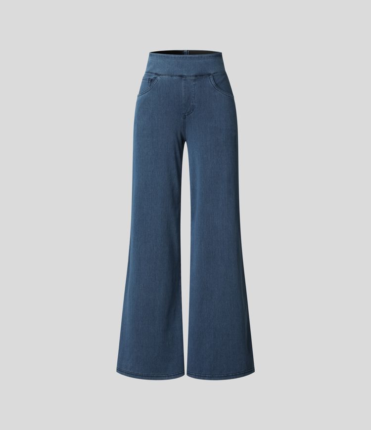 High-waist lichtblauwe wide leg jeans voor dames, comfortabele pasvorm, met elastische band.