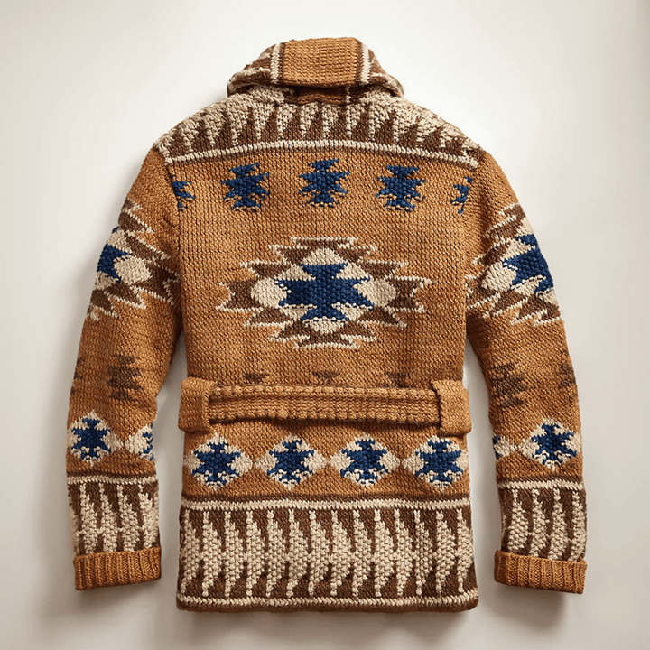 Veelzijdig lichtbruin heren cardigan met jacquardpatroon en sjaalkraag. Comfortabel gebreid voor casual stijl.