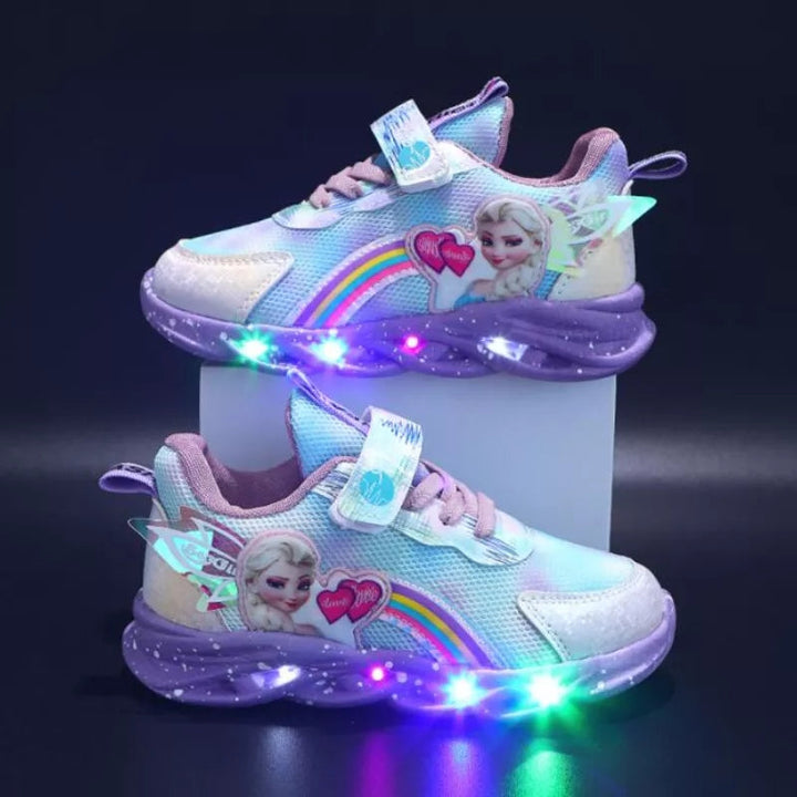 "Lichtgevende kindersneakers met Elsa thema en LED-lampjes, roze en paars, comfort en stijl voor meisjes."