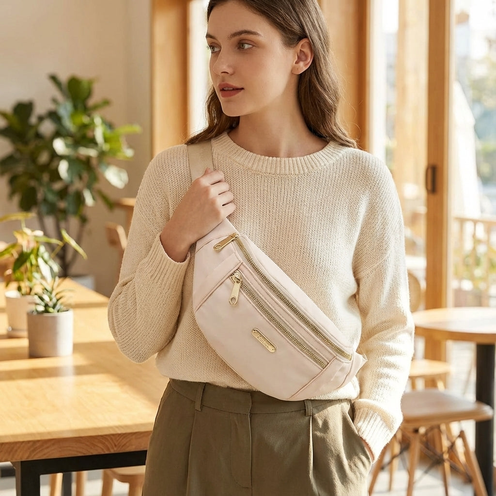 Lichtgewicht beige nylon heuptas, ideaal voor dagelijks gebruik en reizen, met voldoende opbergruimte.