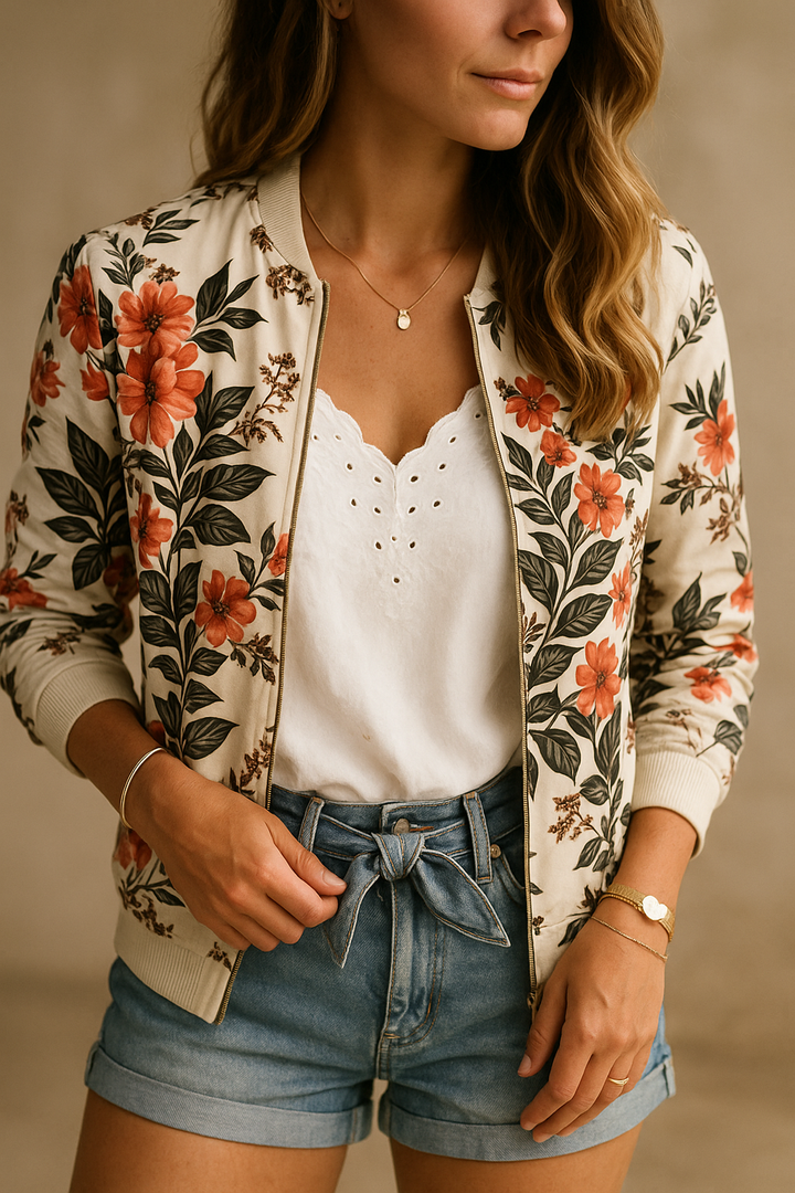 Lichtgewicht bloemen bomberjack dames met kleurrijke print, perfect voor casual en chique looks. Stijlvol en comfortabel.