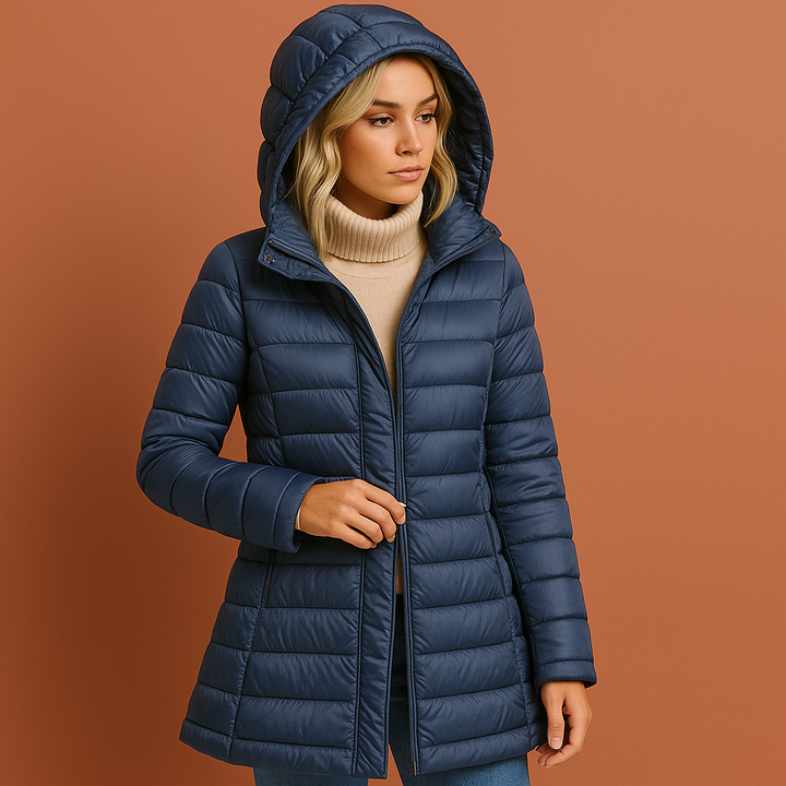 Dames gewatteerde jas met capuchon, lichtgewicht en warm, voor herfst- en winterwandelingen.
