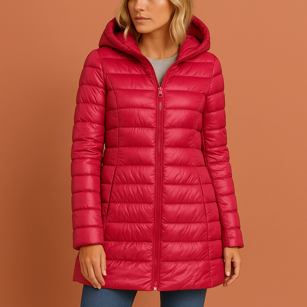 Dames lichtgewicht gewatteerde winterjas met praktische capuchon, perfect voor koud weer.