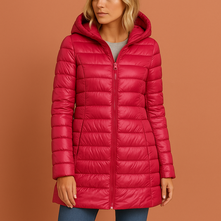 Dames lichtgewicht gewatteerde winterjas met praktische capuchon, perfect voor koud weer.
