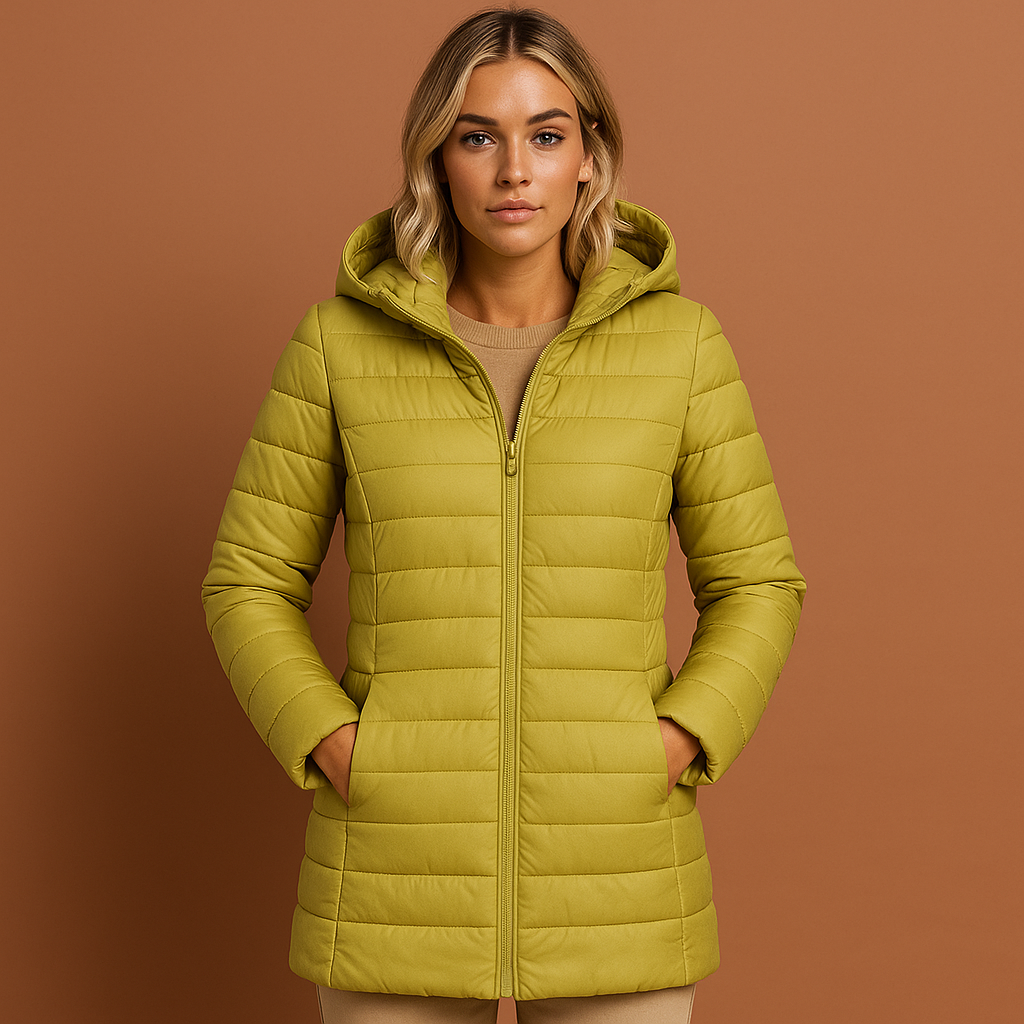 Veelzijdige dames gewatteerde jas, lichtgewicht en warm, geschikt als herfst- en winterjas met capuchon.