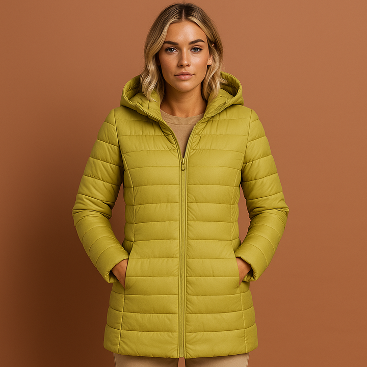 Veelzijdige dames gewatteerde jas, lichtgewicht en warm, geschikt als herfst- en winterjas met capuchon.