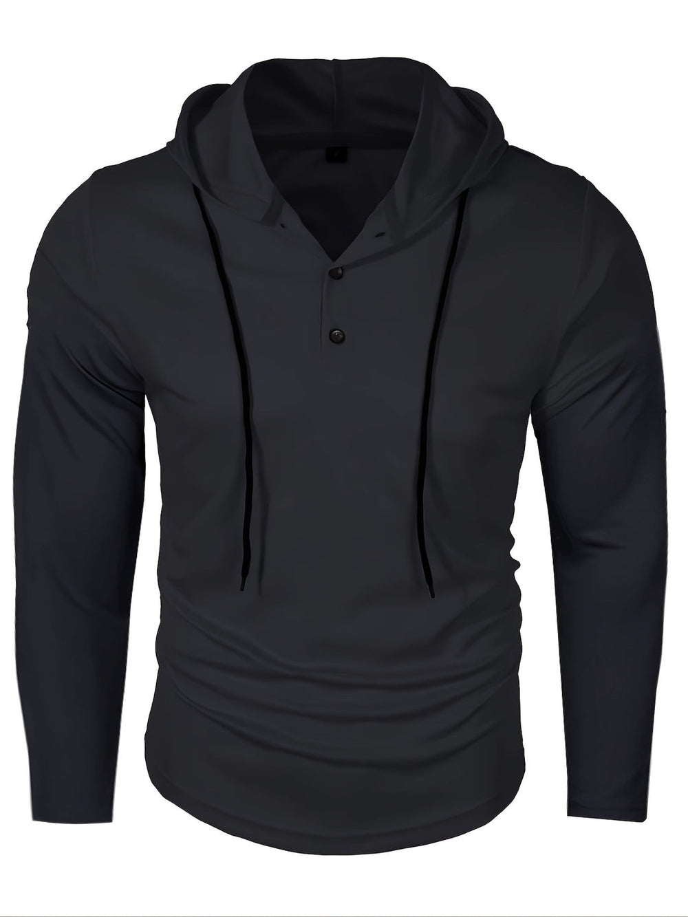 "Lichtgewicht heren hoodie voorkant met drie-knopen sluiting, ademende gebreide stof, ideaal voor casual en sportieve activit