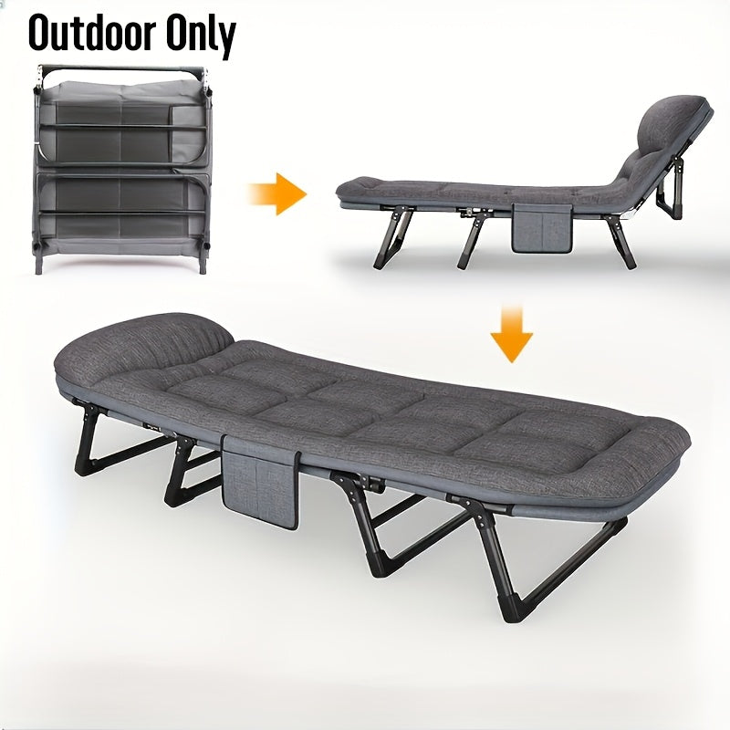 "Lichtgewicht opvouwbaar campingbed van aluminium en RVS in de natuur, ideaal voor kamperen en hiking avonturen."