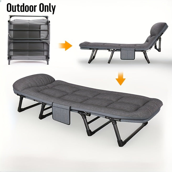 "Lichtgewicht opvouwbaar campingbed van aluminium en RVS in de natuur, ideaal voor kamperen en hiking avonturen."