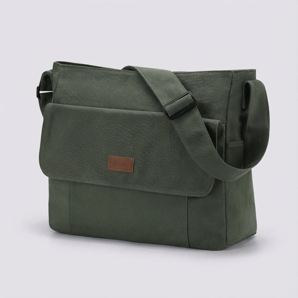Achterkant van Satchelix laptoptas met verstelbare schouderband voor comfort; veelzijdige unisex crossbodytas.