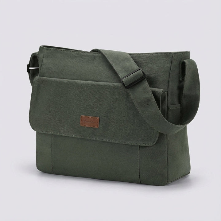 Achterkant van Satchelix laptoptas met verstelbare schouderband voor comfort; veelzijdige unisex crossbodytas.
