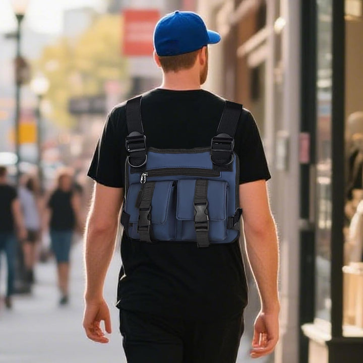 Mannen hardloopvest, verstelbaar voor optimaal comfort tijdens outdoor activiteiten.