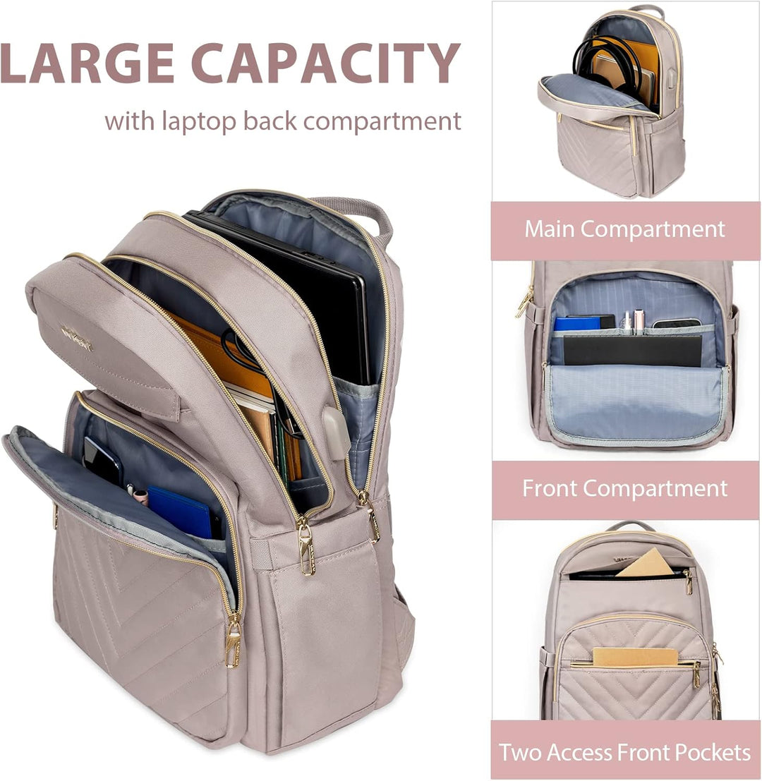 Compacte 15.6 inch laptop rugzak voor dames, met waterdichte stof en externe USB-oplaadpoort.