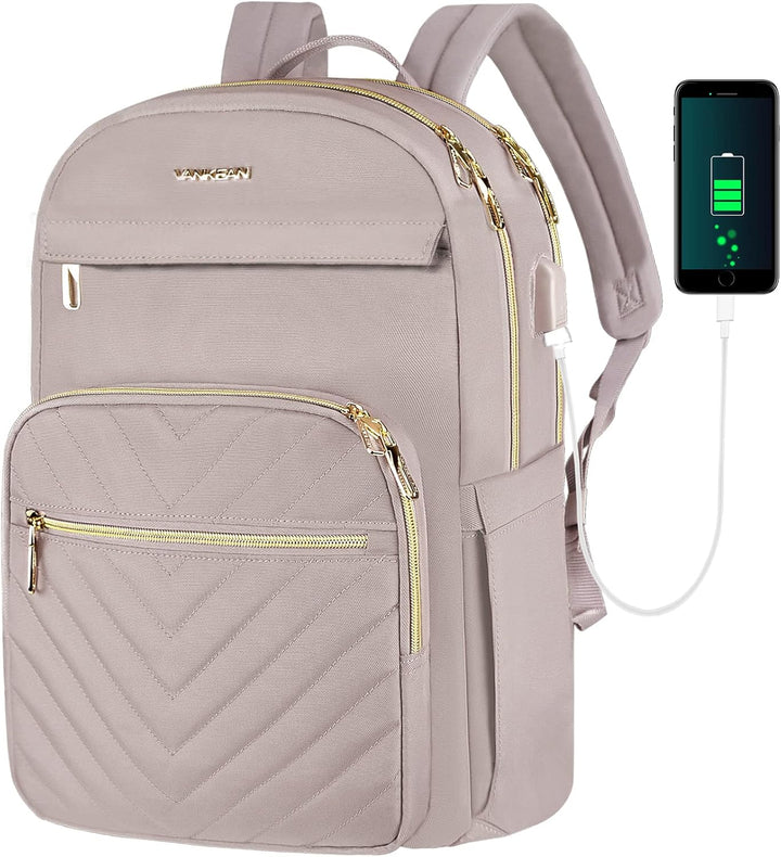 Dames reistas met laptopvak voor 15.6 inch, waterdicht en comfortabel, inclusief USB-aansluiting.