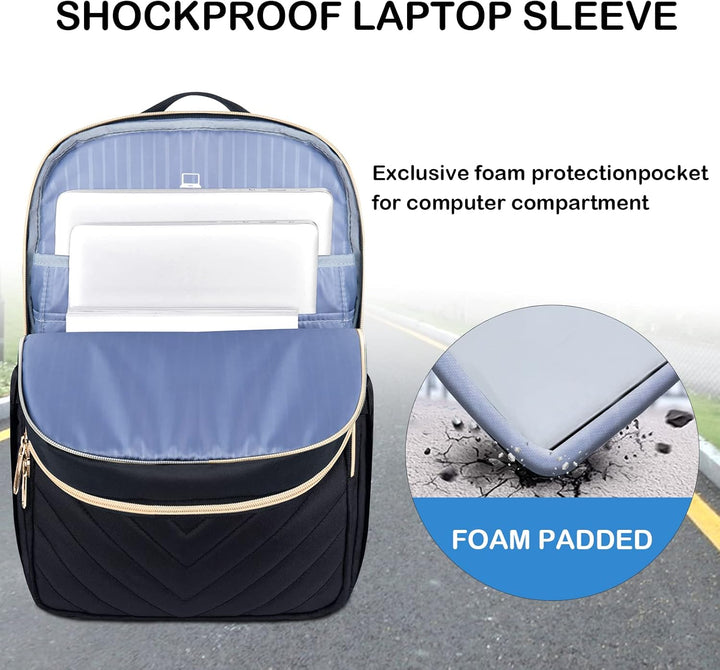 Moderne zwarte werktas voor dames, lichtgewicht en waterdicht, met ruimte voor 15.6" laptop.