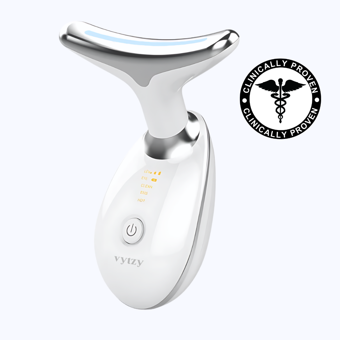 "LiftGlow EMS apparaat, handzaam design, grijs, voor verjongende gezicht- en halsbehandeling, verhoogt stevigheid."