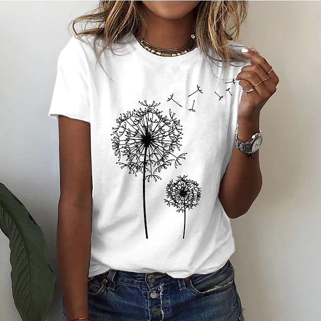 "Losvallend dames T-shirt met 3D paardenbloemprint, ideaal voor de zomer. Modieuze bloemenprint en comfortabele pasvorm."
