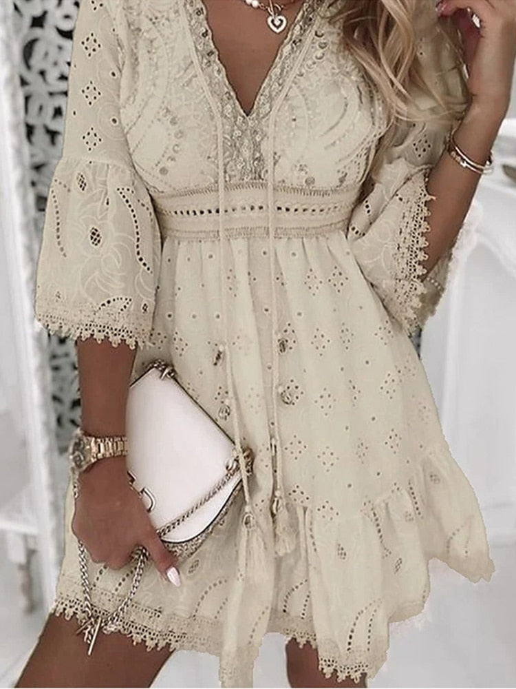 Elegante V-hals zomerjurk voor dames in bohemian stijl; perfect voor een stijlvolle en comfortabele zomer.