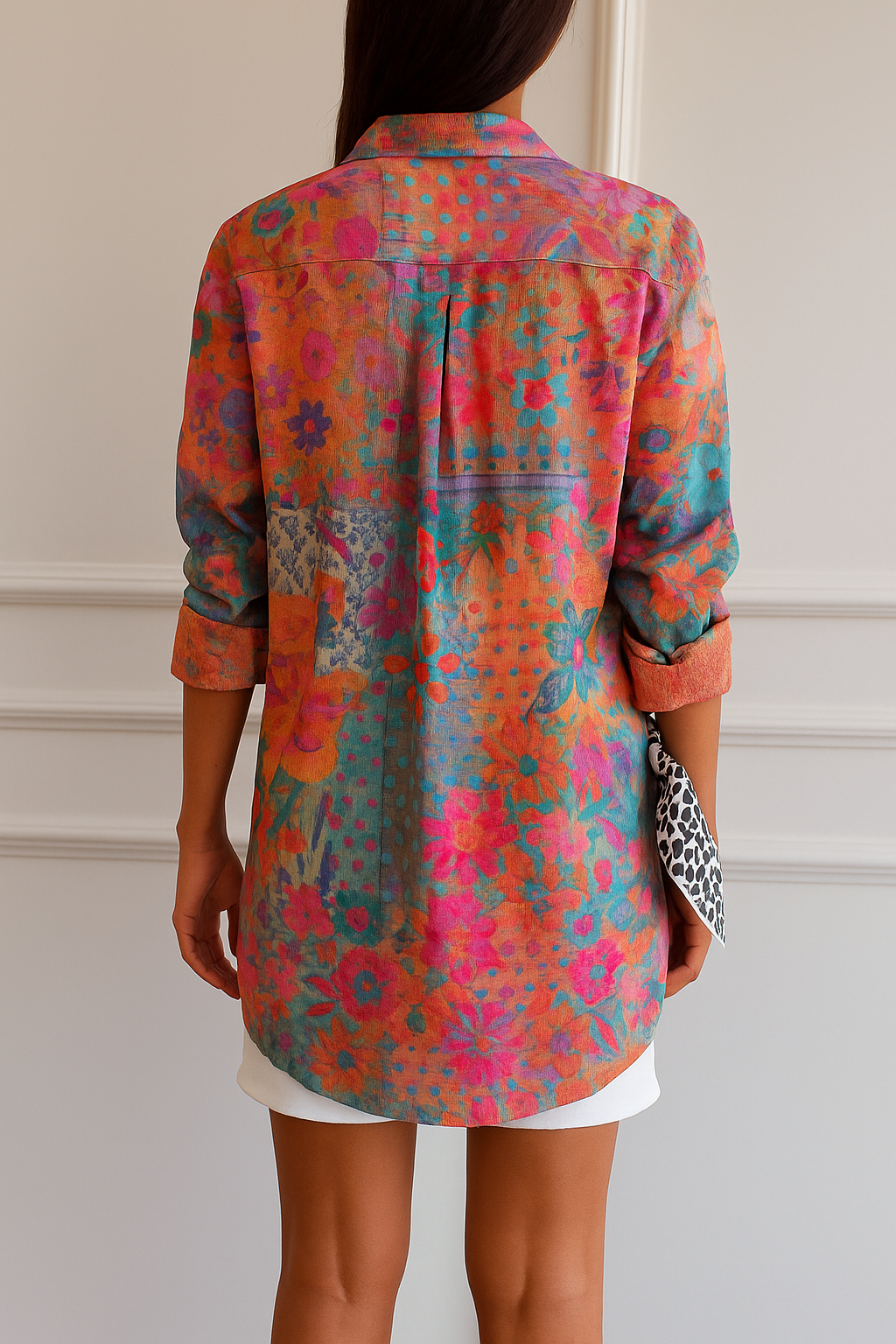 "Luchtige boho blouse met kleurrijke bloemenprint, V-hals en knoopsluiting, ideaal voor een bohemian stijl."