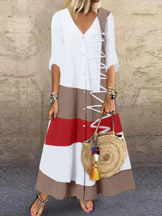 Luchtige dames zomerjurk met V-hals en halve mouwen, perfect voor comfortabele en stijlvolle zomerdagen.