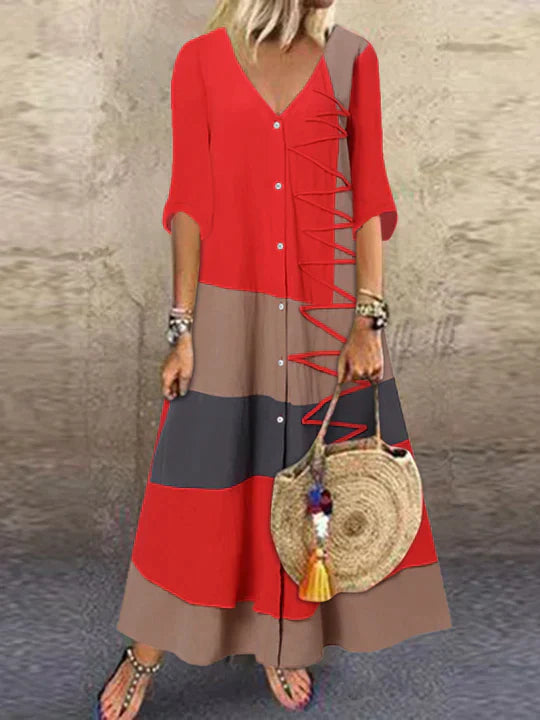 Comfortabele dames zomerjurk met V-hals, ideaal voor casual of feestelijke zomerstijl. Elegante luchtige kleding.