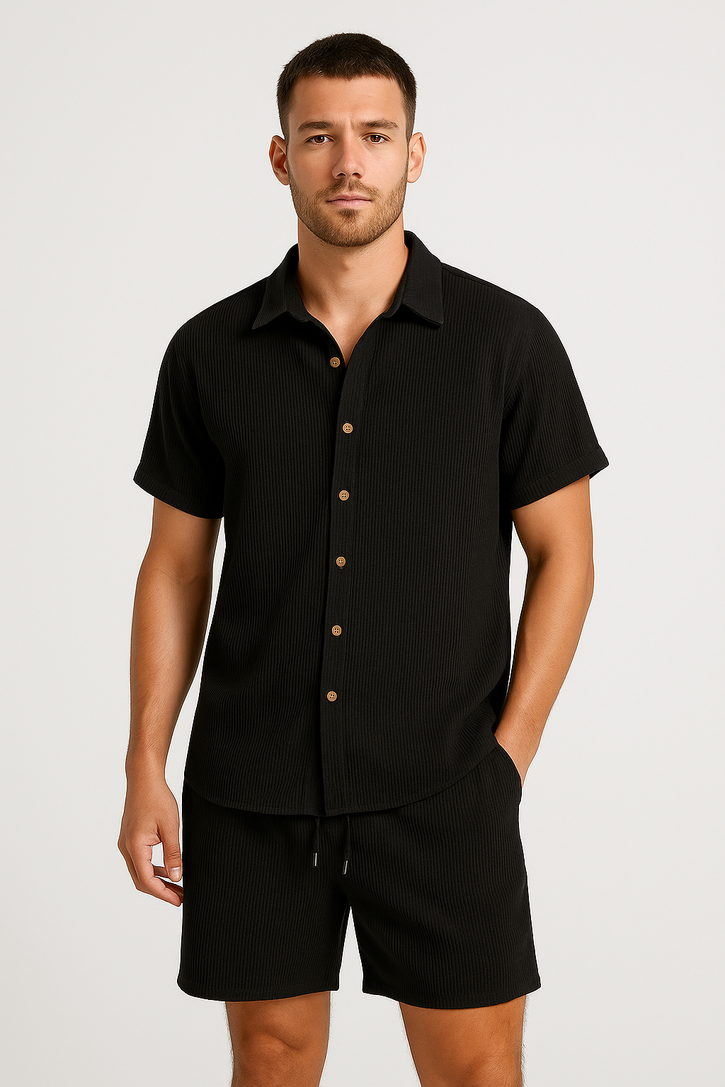 "Luchtige heren zomerset met comfortabel overhemd en korte broek, ideaal voor warme dagen en stijlvolle casual looks."