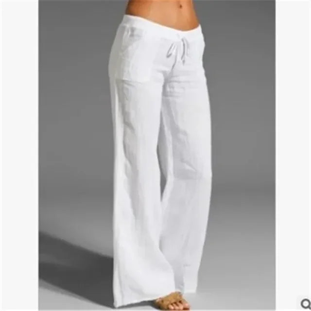 Luchtige linnen damesbroek, beige kleur, met elastische tailleband en ademende stof voor zomerse elegantie en comfort.