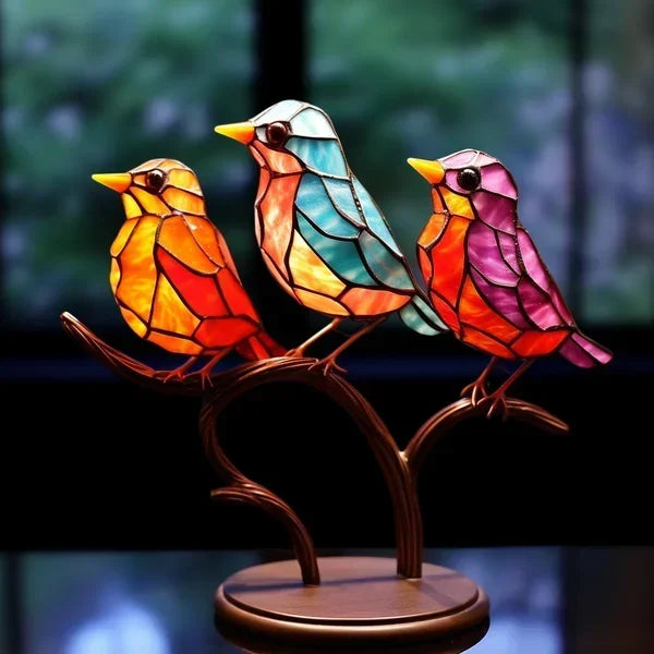 "Luxe acryl vogelbeeldjes in levendige kleuren, elegant en kunstzinnig, perfect voor stijlvolle kamerdecoratie."