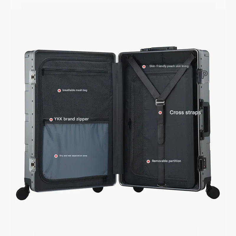Premium aluminium hardshell bagagekoffer met 360° spinnerwielen voor moeiteloos reizen.