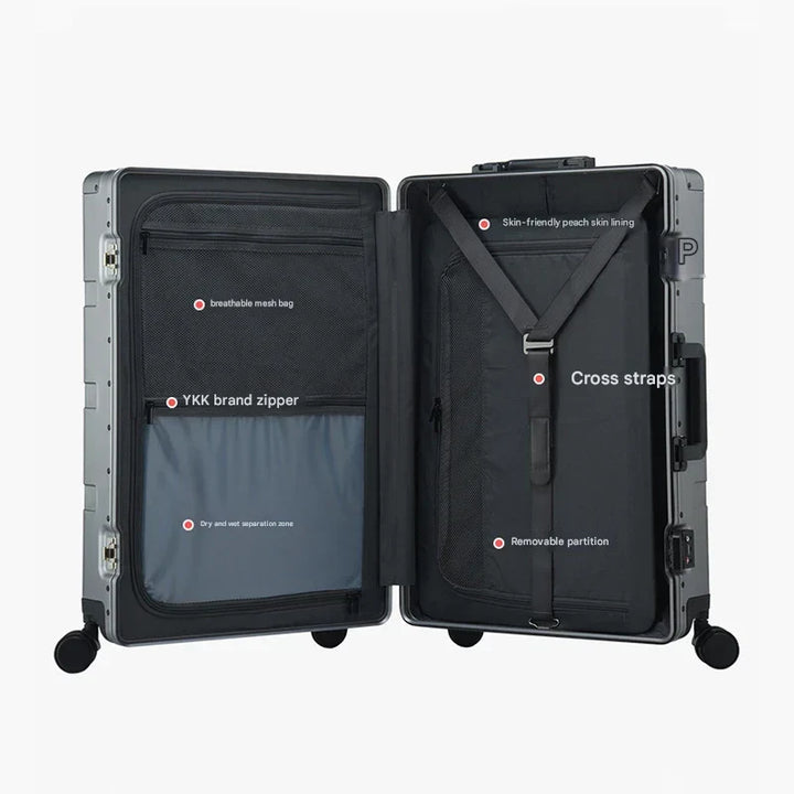 Premium aluminium hardshell bagagekoffer met 360° spinnerwielen voor moeiteloos reizen.