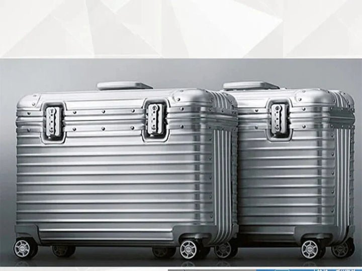Stijlvolle unisex aluminium reiskoffer, lichtgewicht en duurzaam, met 360° spinnerwielen voor moeiteloos vervoer.