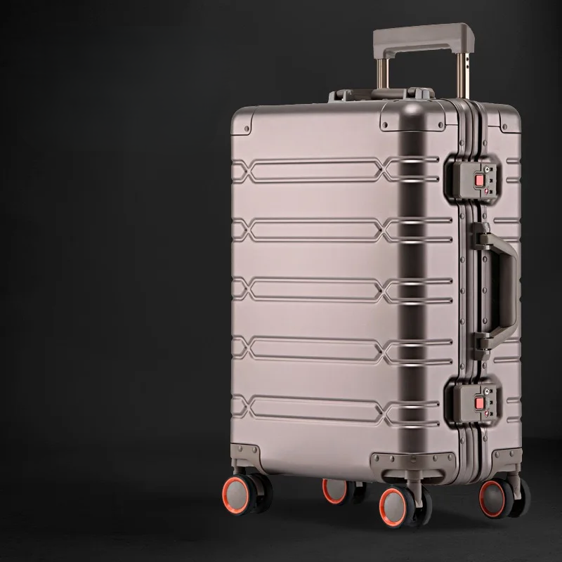 Luxe aluminium-magnesium reiskoffer met hardcase en spinner wielen, perfect voor stijlvol reizen.