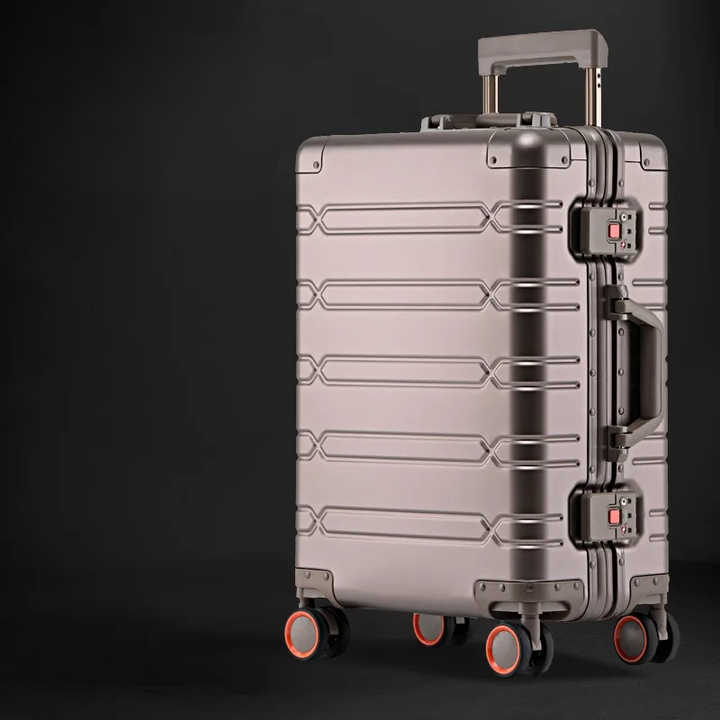 Luxe aluminium-magnesium reiskoffer met hardcase en spinner wielen, perfect voor stijlvol reizen.