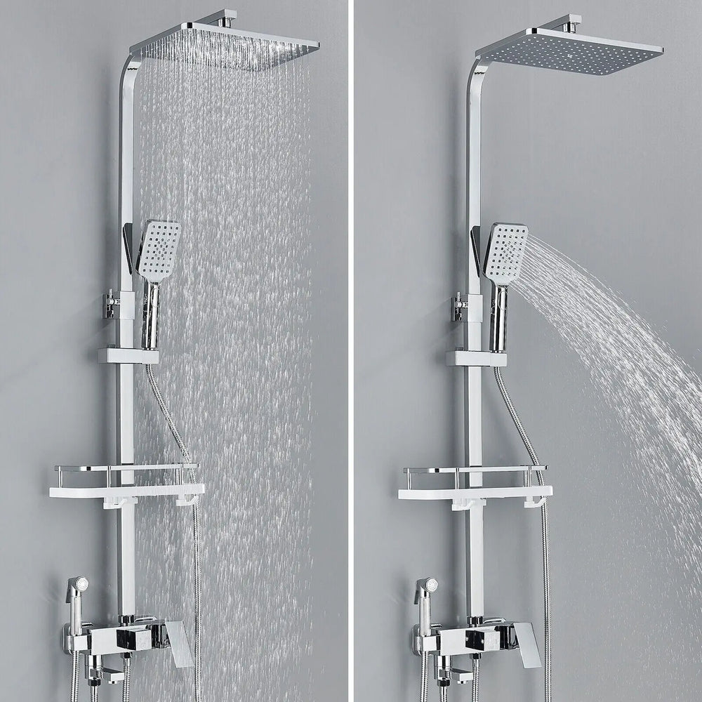 "Luxe AquaFlow doucheset met messing mengkraan en regen douchekop, glimmende chroomafwerking, elegant ontwerp."