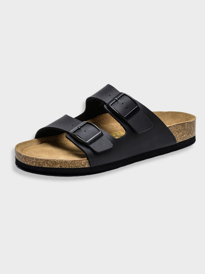 "Luxe Arizona-stijl herenslippers, grijs, dubbele banden, hoogwaardig voetbed, stijlvolle keuze voor comfort en elegantie."