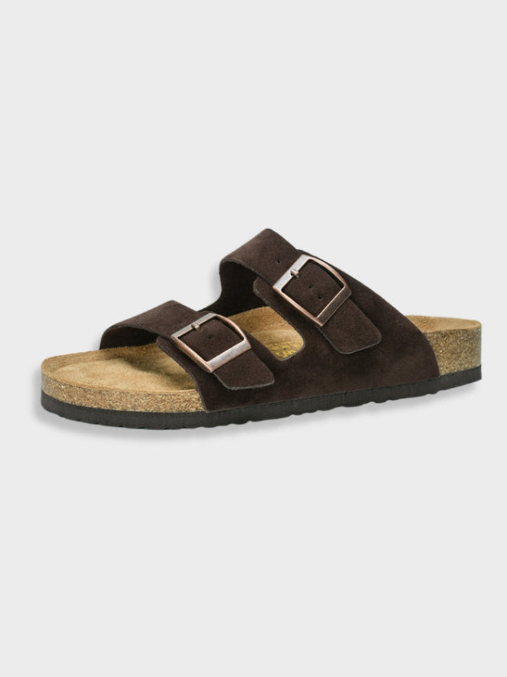 "Luxe Arizona-stijl herenslippers, grijs, dubbele banden, hoogwaardig voetbed, stijlvolle keuze voor comfort en elegantie."