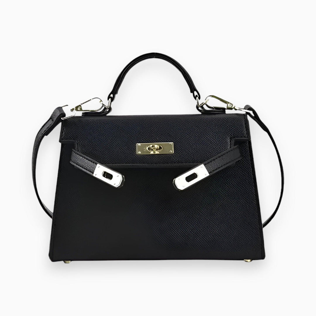 Luxe dameshandtas met glanzende metalen sluiting, strakke vormen, en stijlvolle structuur voor een elegante uitstraling.