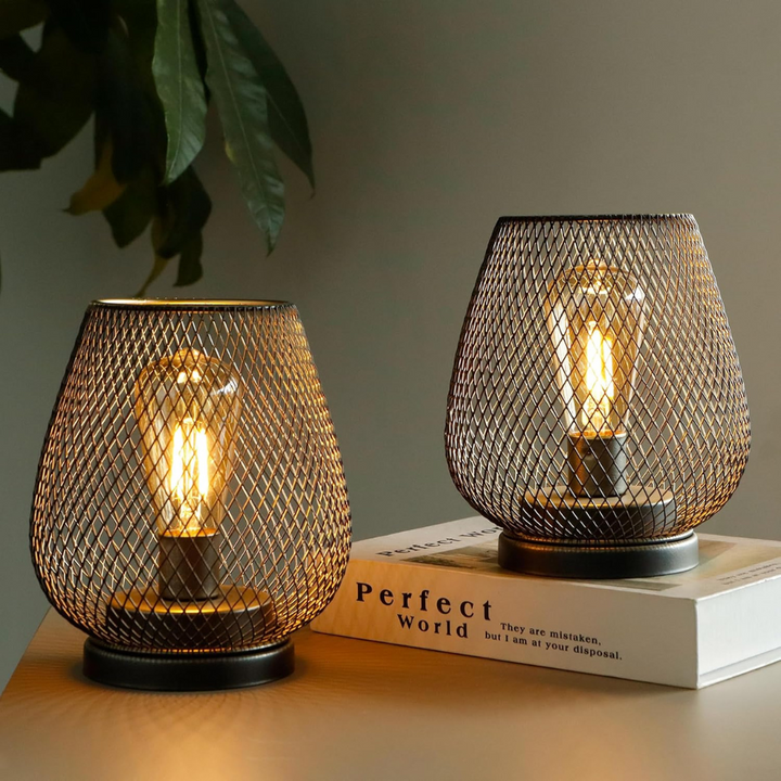 Moderne metalen LED tafellamp, draadloos en elegant, ideaal als decoratie in tuin of woonkamer.