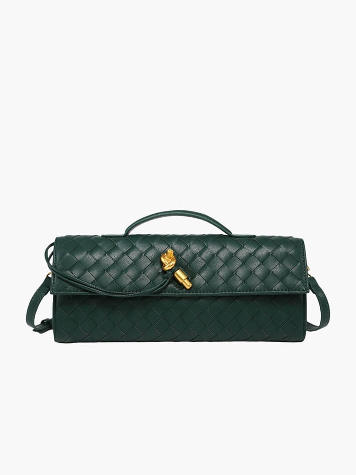 "Luxe geweven handtas in zwart met gouden sluiting, elegant en stijlvol ontwerp voor dames, ideaal voor elke gelegenheid."