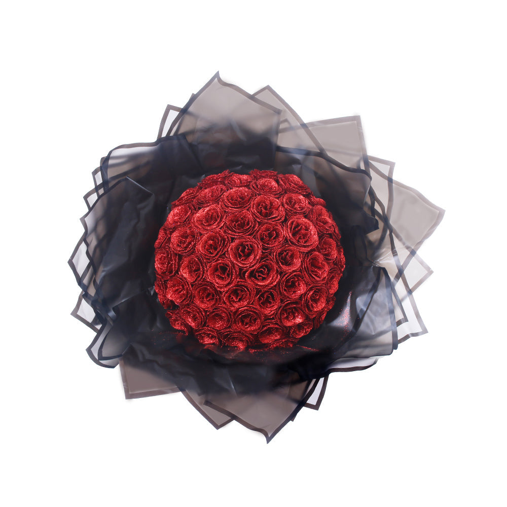 "Luxe glitter rozen boeket, eeuwige charme in rood, blauw, roze; tijdloze schoonheid zonder onderhoud. Perfect cadeau."