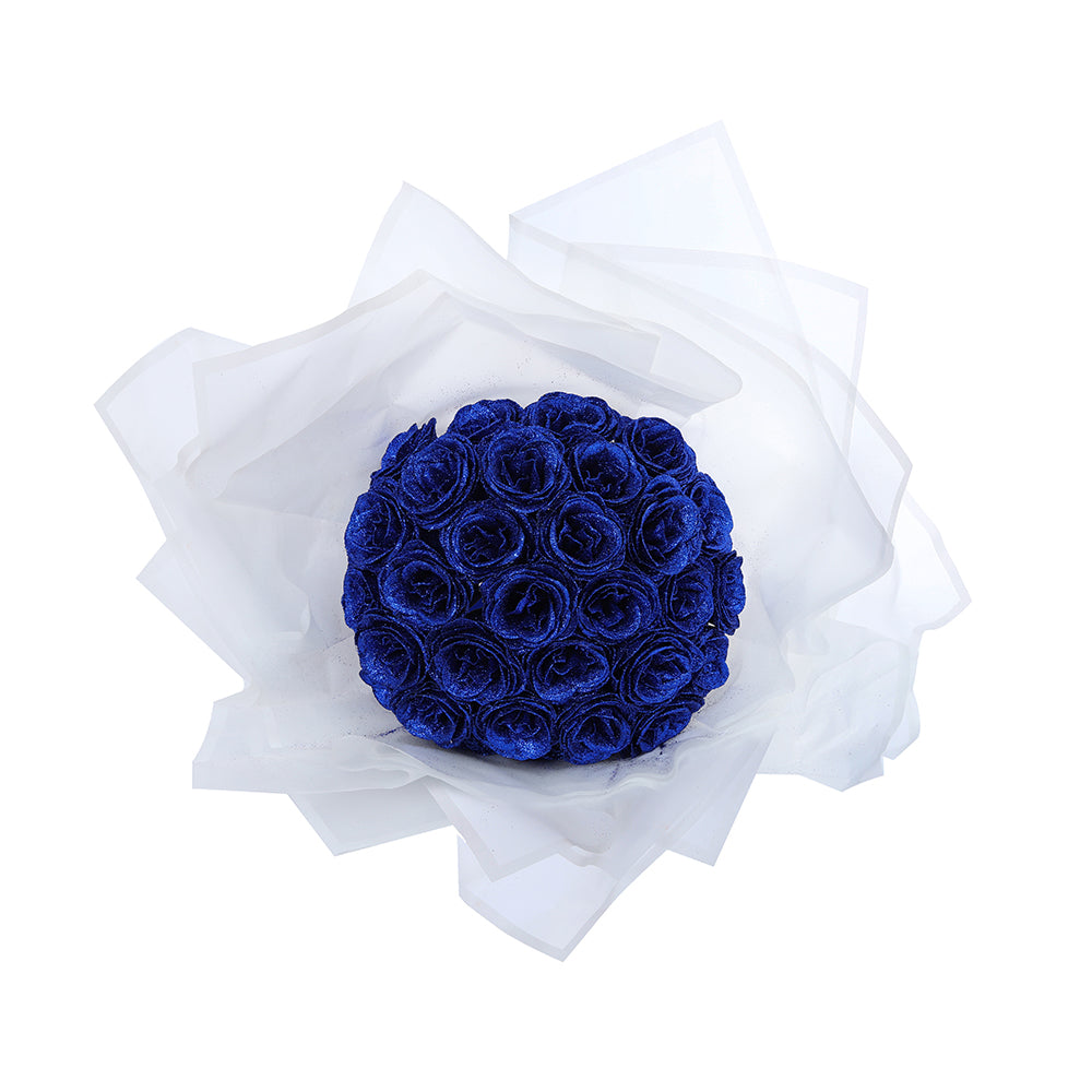 "Luxe glitter rozen boeket, eeuwige charme in rood, blauw, roze; tijdloze schoonheid zonder onderhoud. Perfect cadeau."