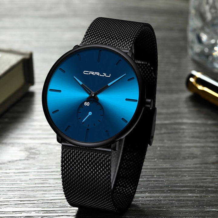 "Luxe heren quartz horloge, minimalistisch design, 40mm wijzerplaat, slanke kast, 3-bar waterbestendig."
