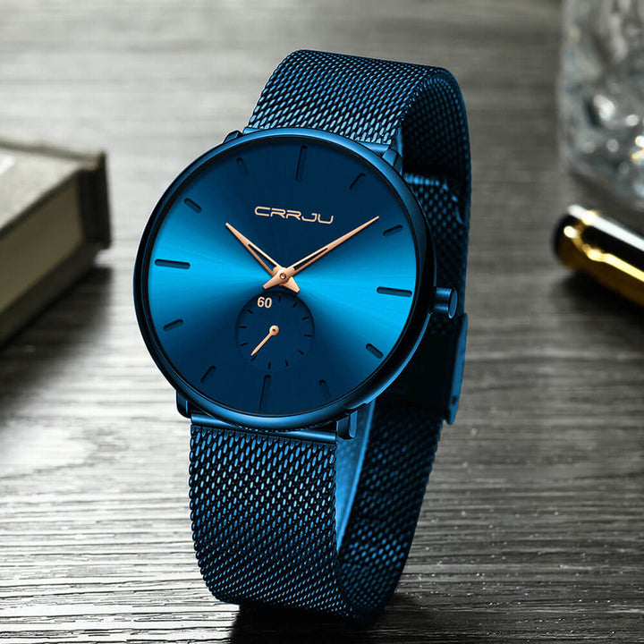 "Luxe heren quartz horloge, minimalistisch design, 40mm wijzerplaat, slanke kast, 3-bar waterbestendig."